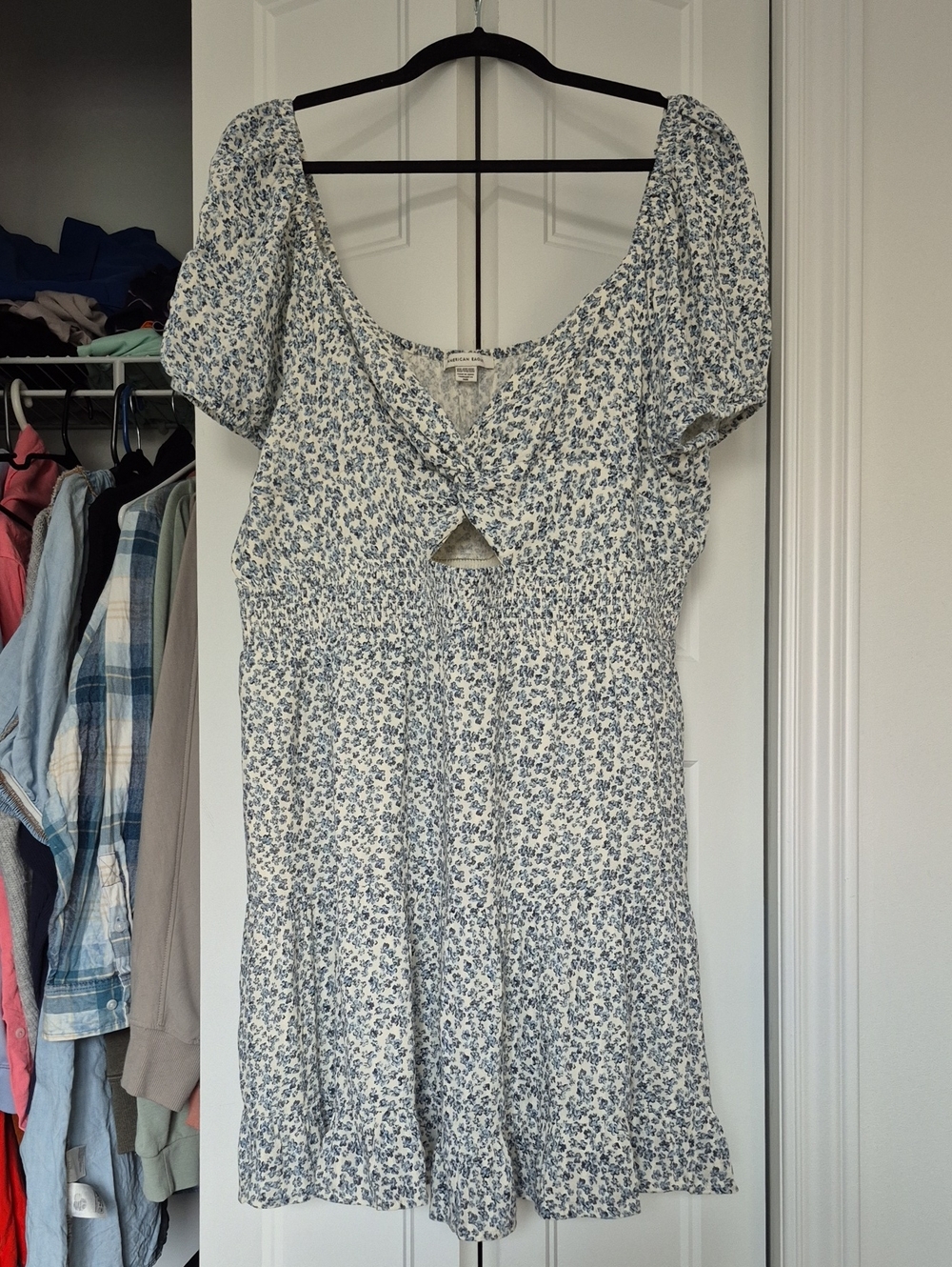 American Eagle White and Blue Floral Tie-Front Puff Sleeve Dress Xxl